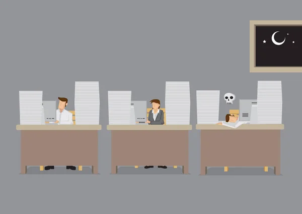 オフィスの労働者は夜遅くまで働き 1人は疲労で仕事で死亡した 灰色の背景に隔離された過労概念の漫画のベクトルイラスト — ストックベクタ