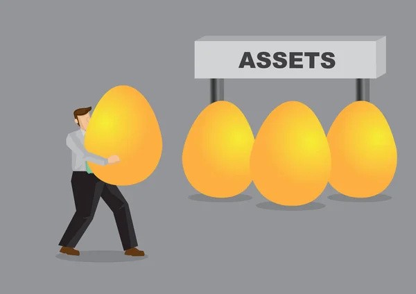 Мультфильм Человек Огромными Золотыми Яйцами Собрать Знаком Который Читает Активы — стоковый вектор