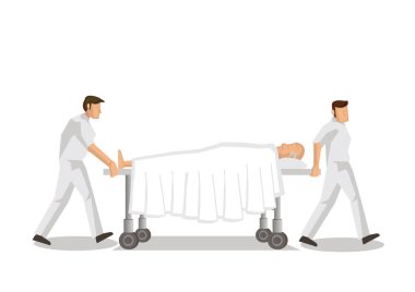 Hastanede ağır yaralı yaşlı bir hastayla sedye iten profesyonel hemşireler. Hayat kurtarmak ya da acil durum kavramı. Vektör illüstrasyonu.