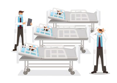 Bir sürü hastayla ilgilenen endişeli bir doktor. Salgın ya da salgın kavramı. Vektör illüstrasyonu.