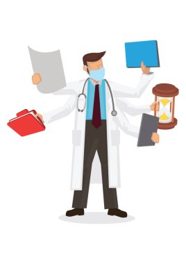 Birden fazla eli olan bir doktor. Aynı anda birden fazla iş yapan tıp doktoru kavramı. Karakter Vektörü illüstrasyonu