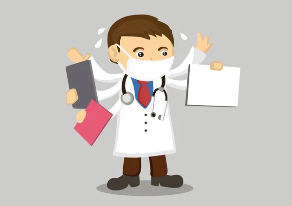 Doctor Con Múltiples Manos Concepto Médico Multitarea Personaje Vector Ilustración — Archivo Imágenes Vectoriales