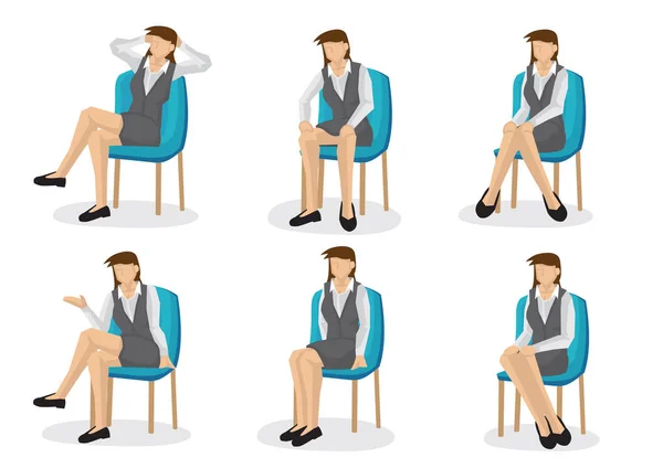 Set Full Length Business Woman Various Sitting Positions Isolated White — Stock Vector