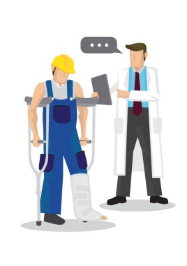 Doktor hastasına kırık bir bacağı olduğunu söylüyor. Sağlık ve sağlık sigortası kavramı. Düz izole çizgi film vektör çizimi.