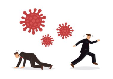İş adamları koronavirüsten kaçar. Koronavirüsün ekonomi üzerindeki etkisi kavramı. Vektör illüstrasyonu.