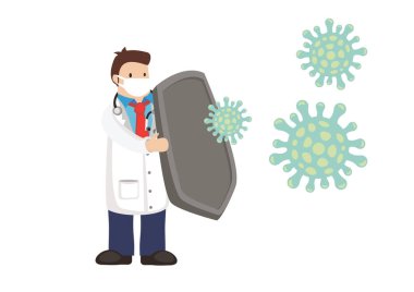 Koronavirüse karşı koruması olan bir doktor. Salgın ya da salgın hastalık kavramı. Vektör illüstrasyonu