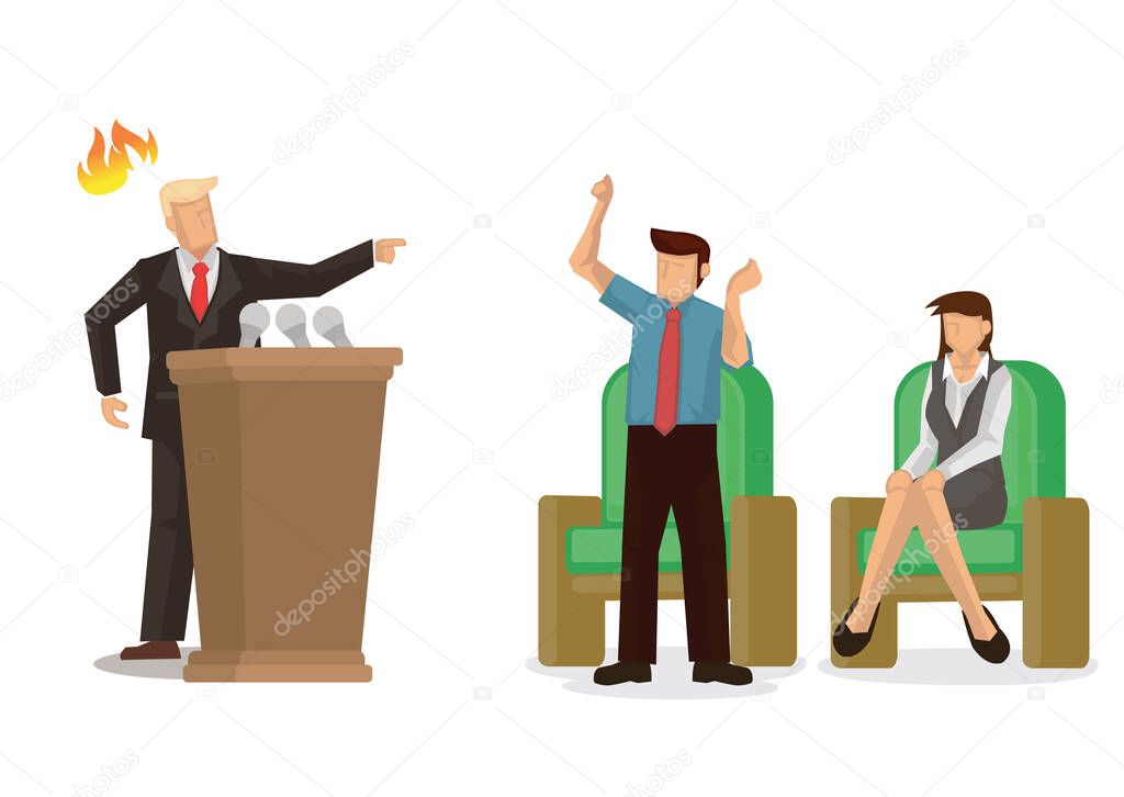 Angry politician screaming at the media. Vector illustration.