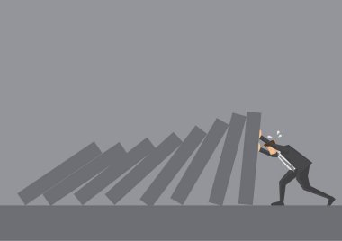 Çizgi film işletmecisi domino taşlarına sert bir şekilde bastırıyor. Gri arkaplanda izole edilmiş kararlılık ve esneklik konsepti için yaratıcı vektör çizimi.