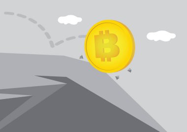 Düşen bir bitcoin 'in vektör çizimi. Bitcoin krizinin düşen değeri ve iş üzerindeki etkisi kavramı.