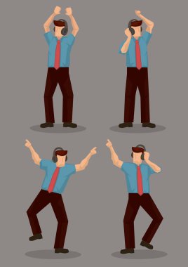 Kulaklıklı iş adamı dans ediyor ve müzikle eğleniyor. Çalışırken zevk alma kavramı. İzole vektör illüstrasyonu