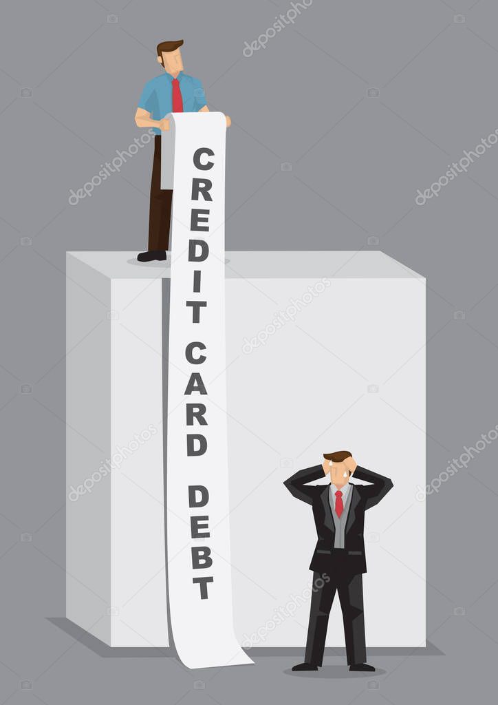 Cartoon businessman stressed out by long list of credit card debt. Creative vector illustration on credit card debt problem metaphor.