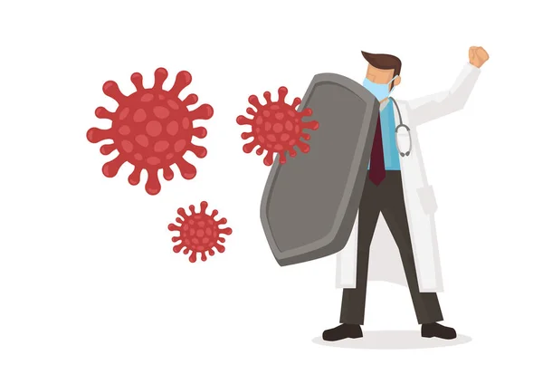 医師はコロナウイルスから身を守る盾を持ってる 流行やパンデミックの概念 ベクターイラスト — ストックベクタ