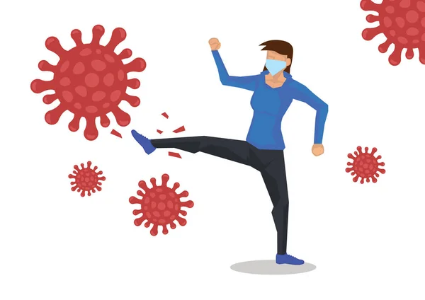 コロナウイルスと戦う女性 ウイルス保護またはヘルスケアの概念 ベクターイラスト — ストックベクタ
