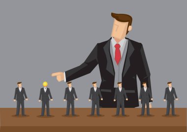 Homojen, küçük iş adamları ve dev iş adamlarından oluşan bir grup ampul başlı olanı işaret ediyor. Olağanüstü işçilerin iş yerinde tanınması konsepti için yaratıcı vektör illüstrasyonu.