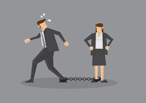 Businessman Leg Chained Woman Trying Escape Humorous Conceptual Vector Illustration — Stock Vector