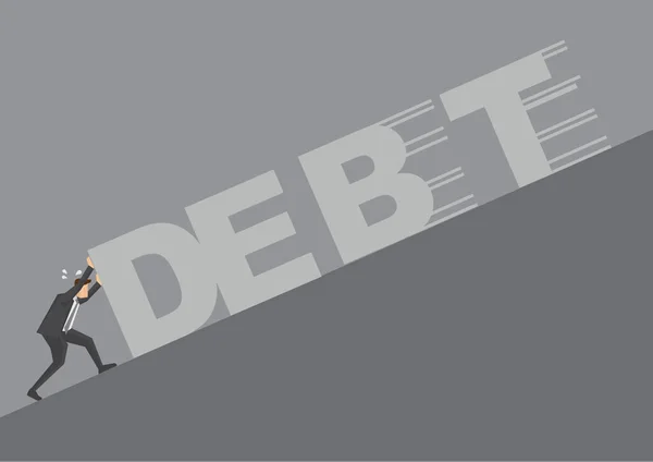 巨大なテキストに対して押すビジネスマンは急な斜面の上の負債を綴った メタポのための概念ベクトル図 — ストックベクタ