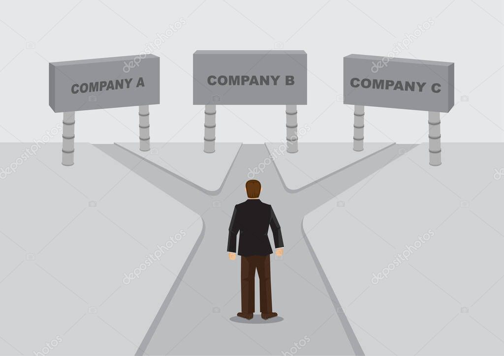 Cartoon business worker stands in the middle of cross roads leading to sign of companies. Vector cartoon illustration on job or career decision concept.