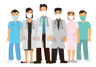 Yüz maskeli, tıp üniformalı bir grup doktor. Coronavirus 2019-nCoV konsepti. Tıp doktoru, hemşire, cerrah, profesyonel hastane çalışanları. Vektör illüstrasyonu.