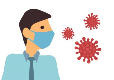 Coronavirus COVID-2019 virüsü olan bir adam beyaz arka planda izole edilmiş. Çizgi film karakter vektör illüstrasyonu.