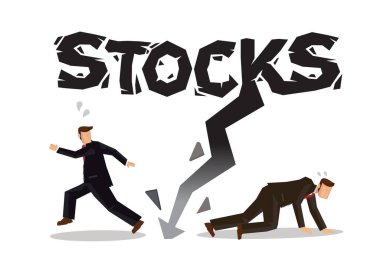 Borsa kaybı kavramını tasvir eden aşağı doğru ok atan bir iş adamı. Kara ok ile borsa çöküşü. Vektör illüstrasyonu.