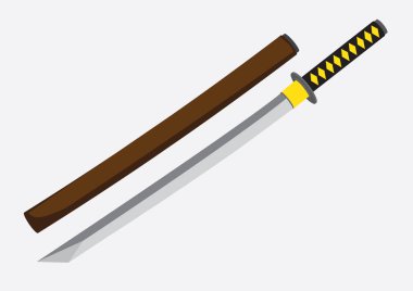 Katana 'nın vektör çizimi, eski bir Japon samuray kılıcı ve onun ahşap montajı arka planda izole edilmiş..