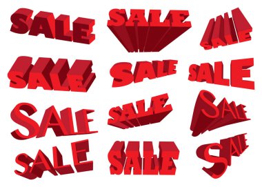 Farklı açılardan kırmızı 3D satış metni. Vektör illüstrasyonu.