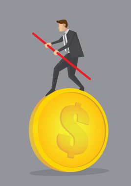 Çizgi film işletmecisi para üzerinde denge kuruyor ve riski direkle dikkatlice yönetiyor. Gri arka planda izole edilmiş finansal risk yönetimi kavramına ilişkin yaratıcı vektör çizimi.