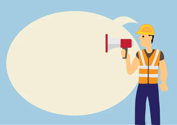 Travailleur Construction Avec Mégaphone Une Bulle Géante Sur Fond Bleu — Image vectorielle