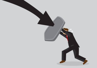 İş konsepti illüstrasyonunda elinde kalkan tutan bir iş adamı kendini tehlikeden korur. Finans dünyasının tehlikelerinden korunma kavramı.