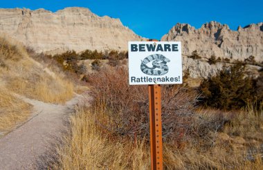 Beware of Rattlesnakes Sign:  Hikers are warned of rattlesnakes in a portion of Badlands National Park. clipart