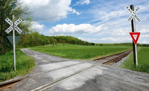 Country Railroad Crossing Una Stretta Strada Sterrata Attraversa Una Serie — Foto Stock