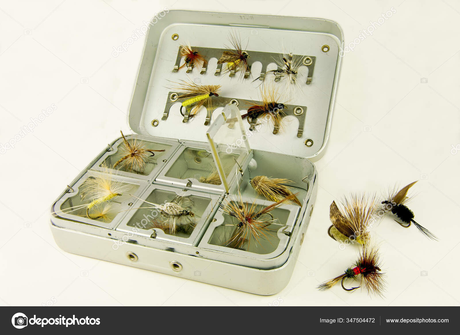 Fly Fishing Box Well Used Tackle Box Displays Variety Handmade Stock Photo  by ©wakr10 347504472