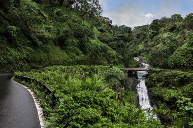 Road to Hana:  The Hana Highway turns to cross a one lane bridge beside a waterfall on the north coast of Maui.