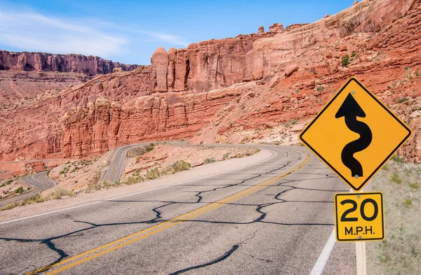 Curves Sign Sign Warns Sharp Turns Ahead Road Southern Utah — 图库照片