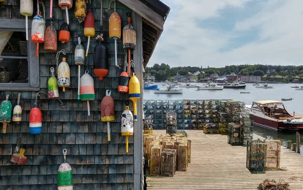 New England Lobster Fishing Dock Marker Buoys Lobster Traps Decorate — Stock Photo, Image