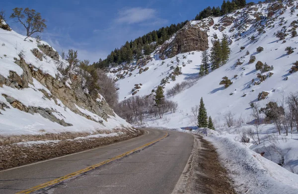 犹他州冬季山地车道 犹他州东北部积雪覆盖的山丘之间的两条小径 — 图库照片