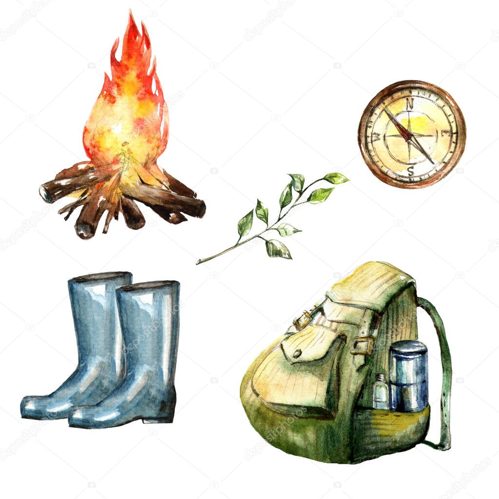 Watercolor hand drawn illustration with tourism and camping isolated objects.