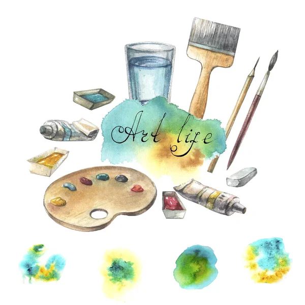 Watercolor illustration with fine art objects — Stock Photo, Image