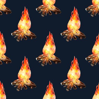 Kamp ateşiyle el çizimi suluboya deseni