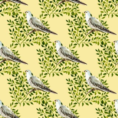 Yapraklı ve guguk kuşlu suluboya desenli.