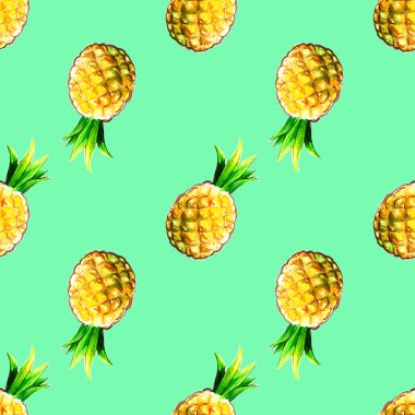 Suluboya el, ananasla mevsimsel desenler çizmiş. Egzotik meyveli yaz arkaplanı. İyi ruh hali, sağlıklı yiyecekler, meslek anlayışı. Paketleme, pankart şablonu.