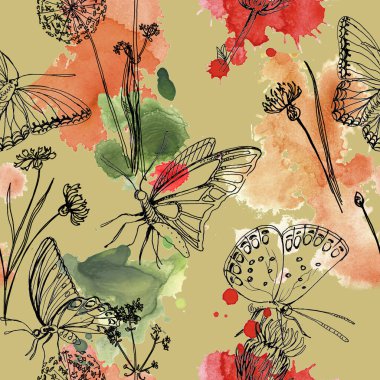Suluboya el, siyah çizgili kelebekler ve kır çiçekleriyle kusursuz botanik desenler çizdi. Yaz doğal duvar kağıdı, tekstil, ambalaj, hatıra defteri şablonu.