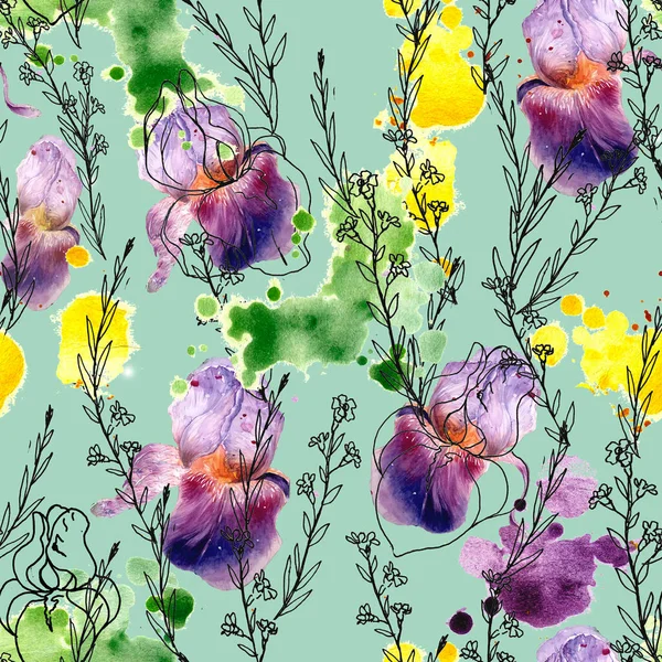 水彩手はシームレスな植物のパターンを描きました 虹彩の花と混合技術でアウトラインハーブと季節の花の背景 スクラップブッキングのための緑と紫の画像 — ストック写真