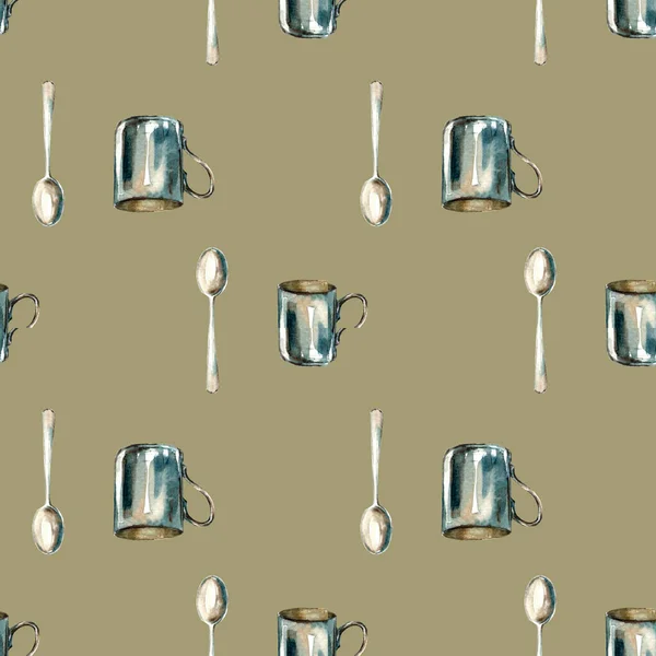 Watercolor hand drawn seamless pattern with a mug and a spoon. Tourism, camping, travelling, hiking concept. Iron utensils. Wrapping, fabric, banner, print template.