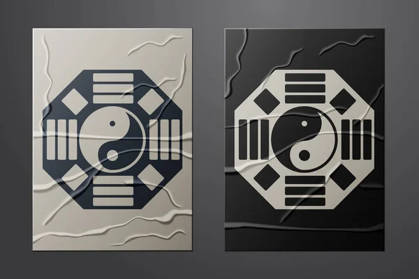 Weißes Yin Yang Symbol für Harmonie und Gleichgewicht, isoliert auf zerknittertem Papierhintergrund. Papierkunst. Vektorillustration — Stockvektor
