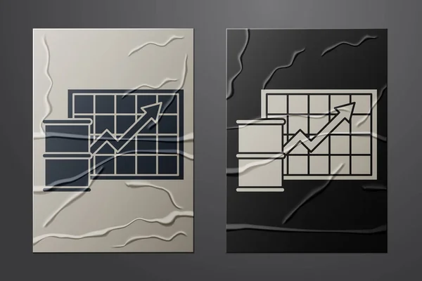 Icona di aumento del prezzo del petrolio bianco isolata su sfondo carta accartocciato. Concetto di crisi dell'industria petrolifera. Stile cartaceo. Illustrazione vettoriale — Vettoriale Stock