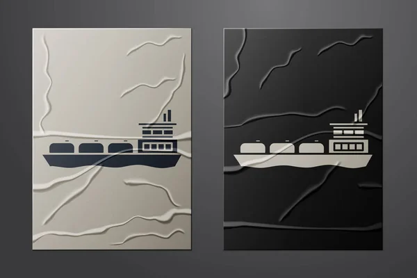 Fehér Olajszállító hajó ikon elszigetelt gyűrött papír háttér. Papírművészeti stílus. Vektorillusztráció — Stock Vector