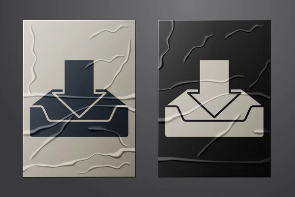 Branco Baixar ícone da caixa de entrada isolado no fundo de papel amassado. Estilo de arte de papel. Ilustração vetorial — Vetor de Stock