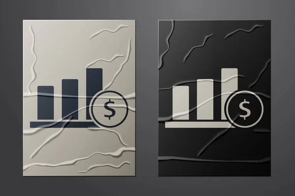 Infografía de gráfico de pastel blanco e icono de símbolo de dólar aislado sobre un fondo de papel arrugado. Signo de diagrama gráfico. Estilo de arte de papel. Ilustración vectorial — Vector de stock