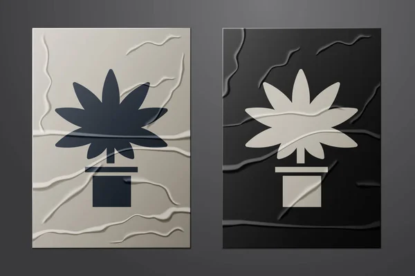 Marijuana médicale blanche ou plante de cannabis en pot icône isolée sur fond de papier froissé. Concept de culture de marijuana. Plante en pot de chanvre. Style art du papier. Illustration vectorielle — Image vectorielle